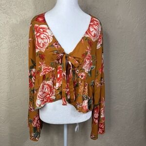 Paris To Lena Boho Fairy Blouse Bell Sleeves Womens Lg Rust Floral Tie-Front USA